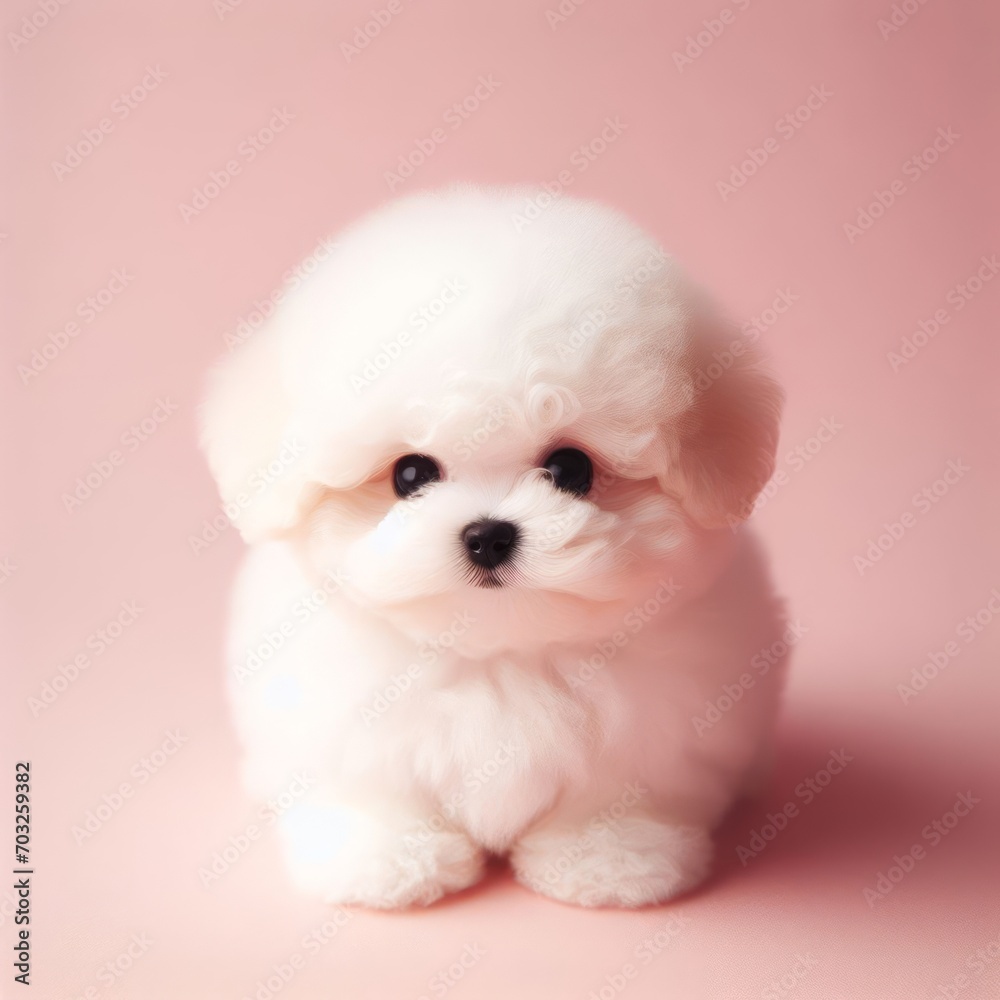Сute fluffy white bichon frise puppy toy on a pastel pink background. Minimal adorable animals concept. Wide screen wallpaper. Web banner with copy space for design. Сute fluffy white bichon frise puppy toy on a pastel pink background. Minimal adorable animals concept. Wide screen wallpaper. Web banner with copy space for design.
