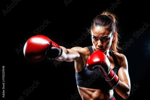 Portrait of a female boxer wearing red gloves with her arm extended in a jab. Dramatic lighting isolated on black photo