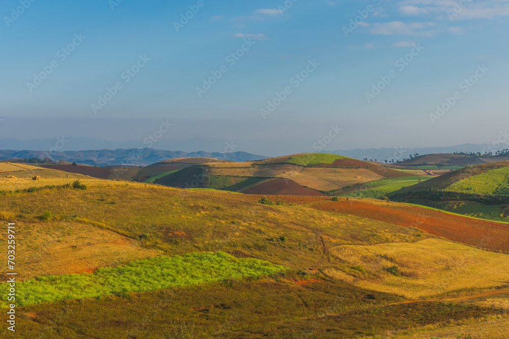 landscape in the mountains, colorful hills of Kalaw