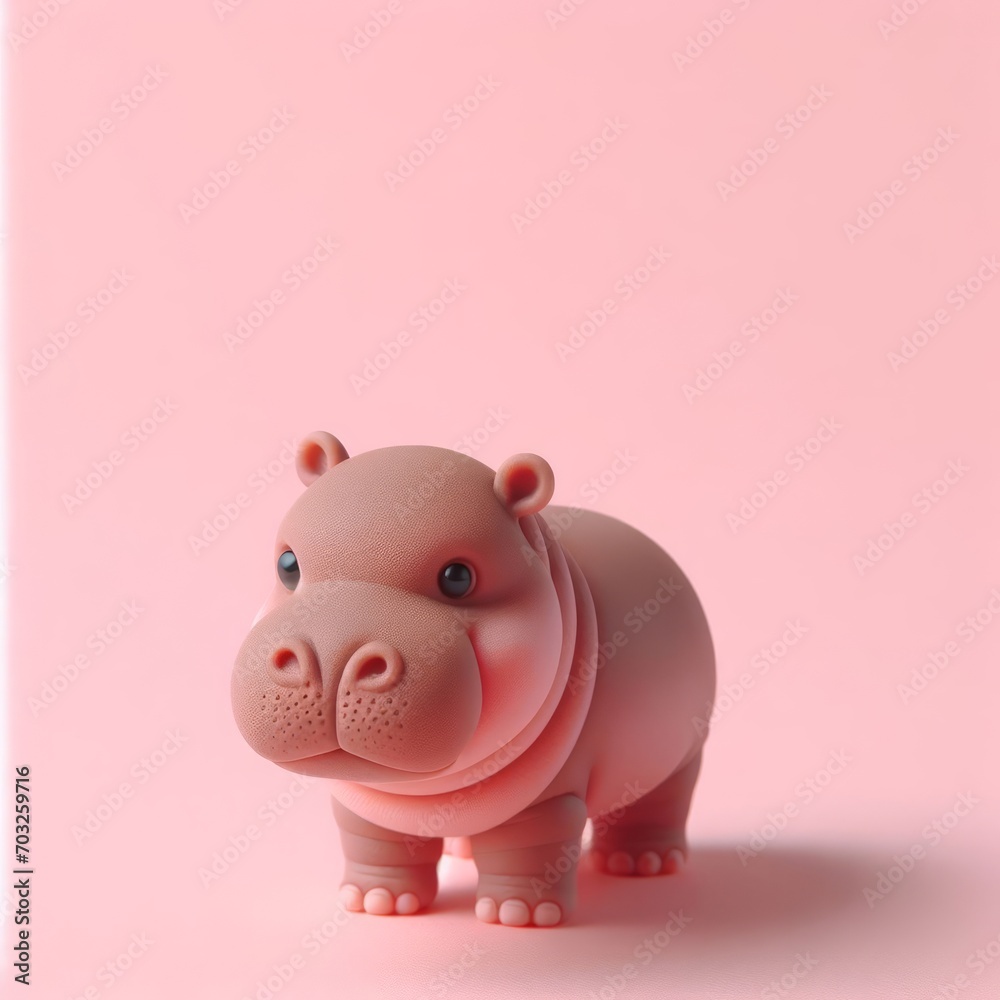 Сute baby gray hippopotamus toy on a pastel pink background. Minimal adorable animals concept. Wide screen wallpaper. Web banner with copy space for design.