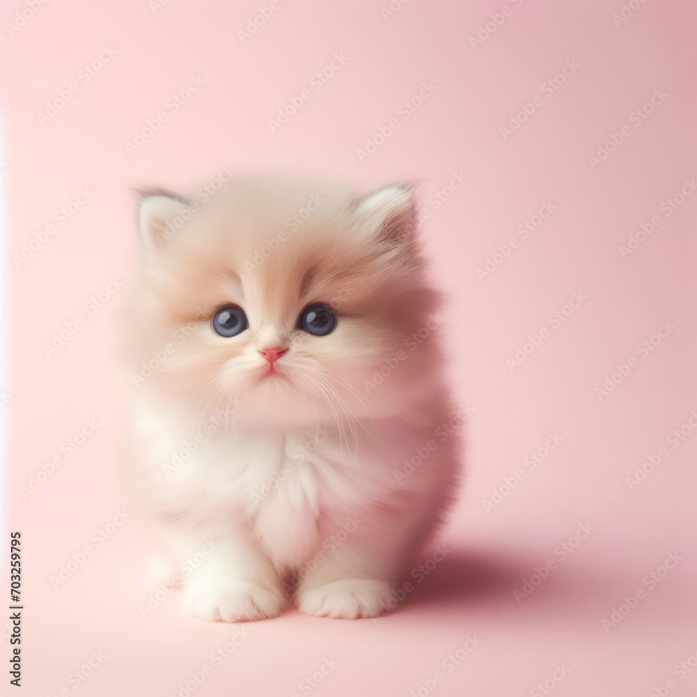 Сute fluffy baby kitten toy on a pastel pink background. Minimal adorable animals concept. Wide screen wallpaper. Web banner with copy space for design.
