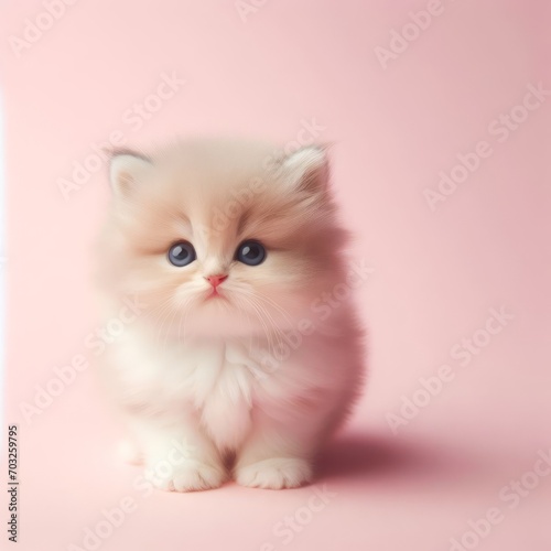 Сute fluffy baby kitten toy on a pastel pink background. Minimal adorable animals concept. Wide screen wallpaper. Web banner with copy space for design. © Intergalactic Rada