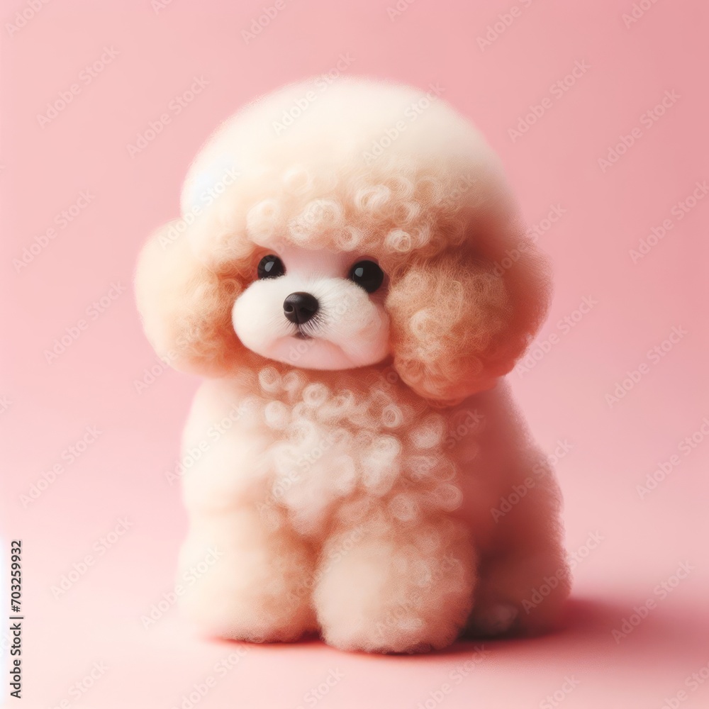 Сute fluffy curly white poodle puppy toy on a pastel pink background. Minimal adorable animals concept. Wide screen wallpaper. Web banner with copy space for design.