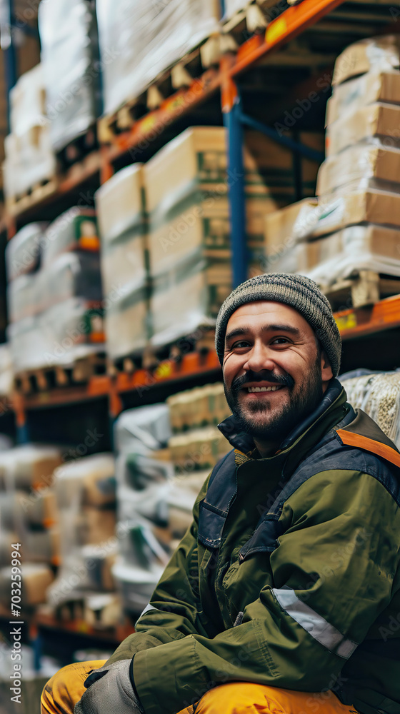 Fototapeta premium Happy Professional Worker Looking at the Camera and Smiling Against the Background of a Warehouse with Shelves Full of Delivery Goods. Embracing the World of Logistics, Delivery, and Distribution