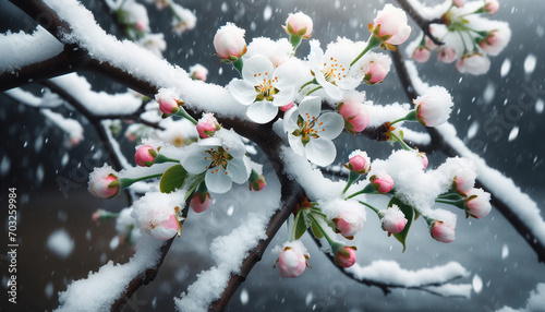 A branch with pear flowers under the snow in spring. Copy space. Cold spring.