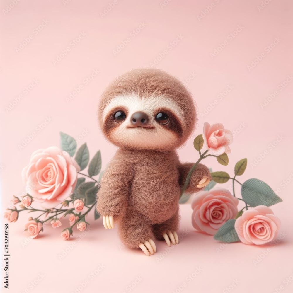 Fototapeta premium Сute fluffy brown baby sloth toy with roses on a pastel pink background. Minimal adorable animals concept. Wide screen wallpaper. Web banner with copy space for design.