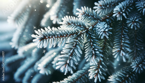 Coniferous tree branch covered with frost on winter frosty day. Winter background. Christmas. 