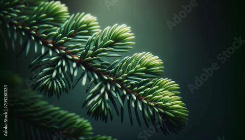 Delicate fir branch close up. Green background. Wallpaper.