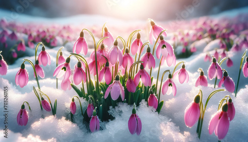 Pink snowdrops among snow on a spring day. Hello, Spring! Spring background. photo