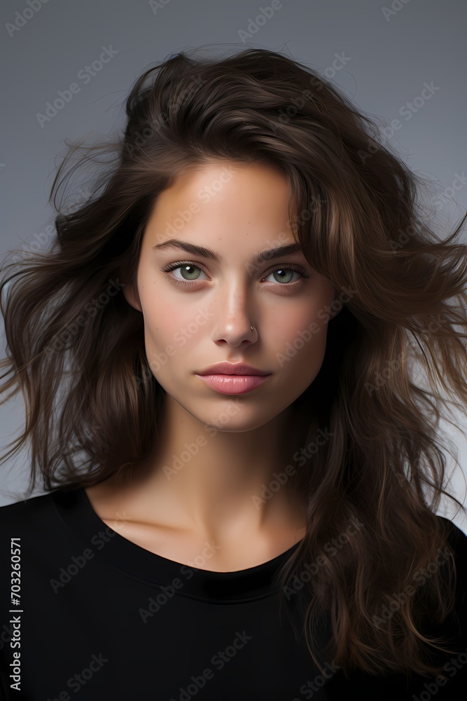 A striking model with a subtle, dewy makeup look, portraying confidence and poise against a clean, white background, capturing her natural charm in high definition. A striking model with a subtle, dewy makeup look, portraying confidence and poise against a clean, white background, capturing her natural charm in high definition.