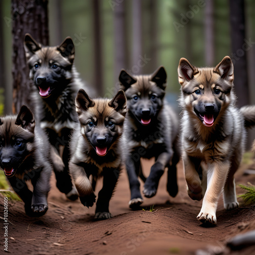 A group of wolf pups running through a forest. Wild animals escape forest fire.