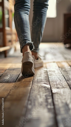 Closeup of a Young Woman's Foot Walking Gracefully on a Wooden Floor, Capturing the Intimacy and Comfort of Every Step within the Sanctuary of Home