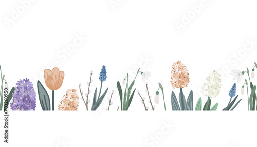 Spring seamless border with various spring flowers. Floral background, doodle hand drawn style. Vector illustration