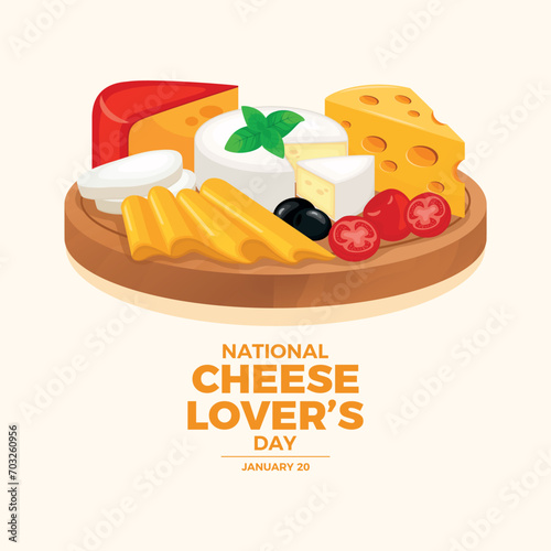 National Cheese Lover’s Day poster vector illustration. Various types of cheese on a wooden cutting board icon vector. Cheese platter with camembert, emmental and more. January 20. Important day