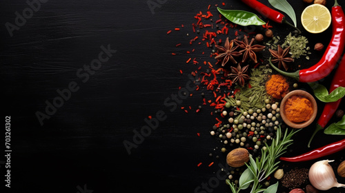 Fototapeta Naklejka Na Ścianę i Meble -  Various herbs and spices on black stone plate, art composition
