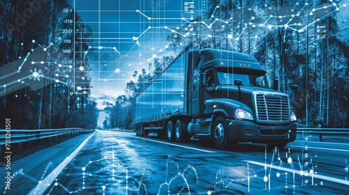side view of truck in blue with info-graphic data - transport, truck, logistics, data, transportation, network, technology photo