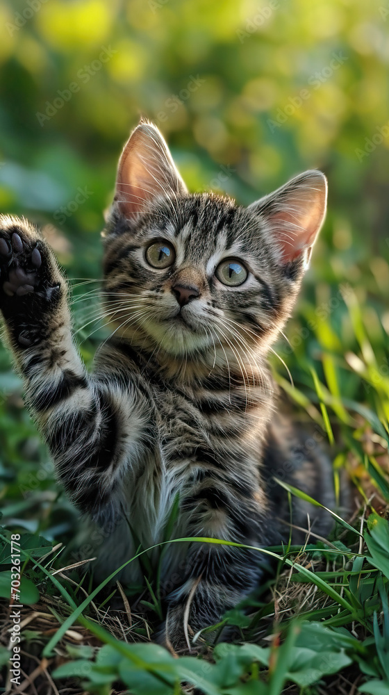 Tabby Cat Sits in the Grass, Front Paw Raised in a Moment of Curious Contemplation, Capturing the Grace and Elegance of Feline Composure Tabby Cat Sits in the Grass, Front Paw Raised in a Moment of Curious Contemplation, Capturing the Grace and Elegance of Feline Composure