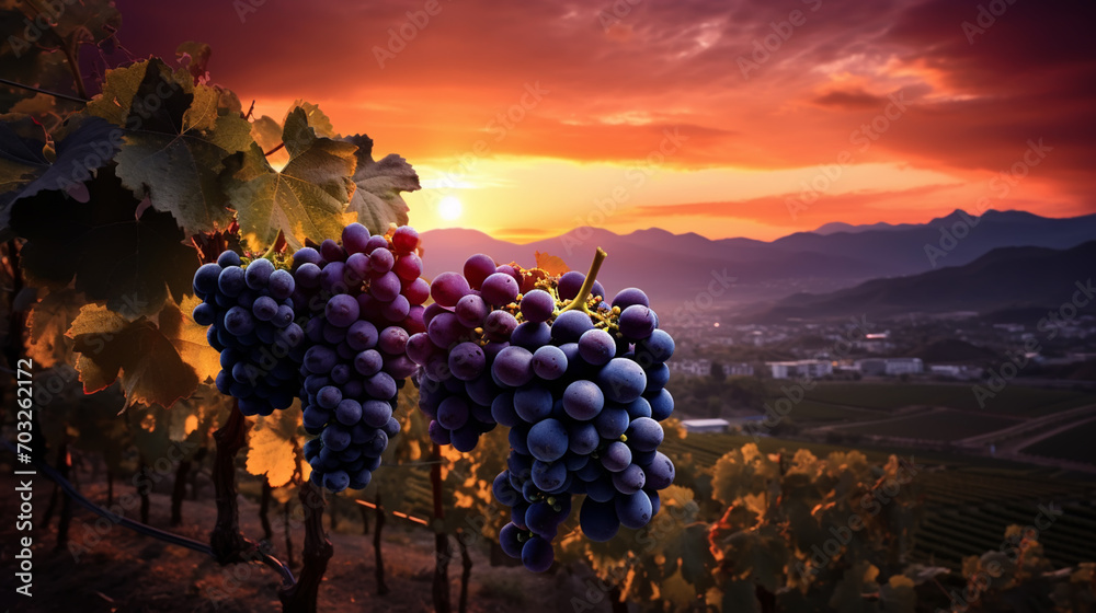 Ripe grapes hung on vineyards of grape trees. In the morning vineyard. - obrazy, fototapety, plakaty 
