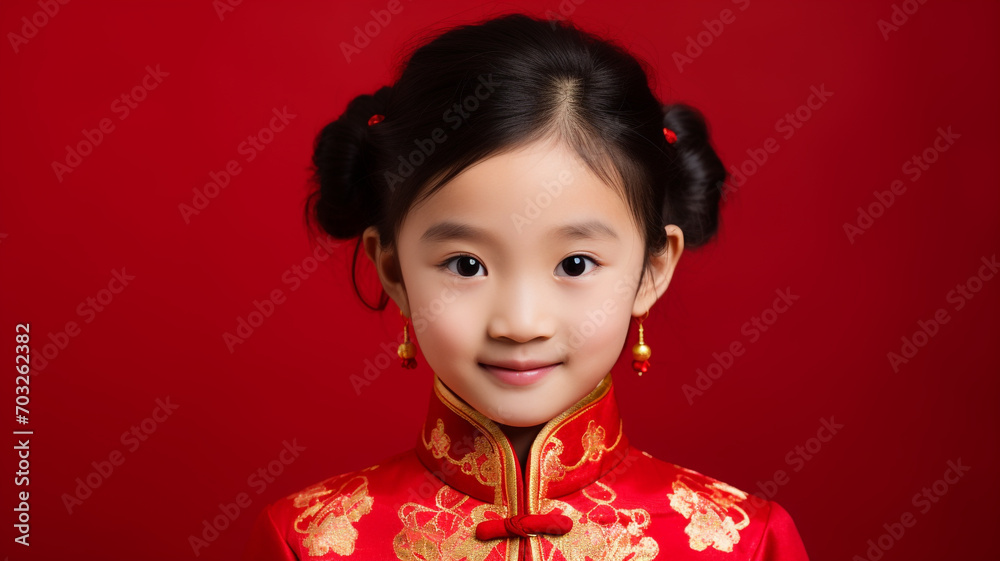 Portrait of a Asian children wearing a cheongsam for Chinese New Year on a red background Portrait of a Asian children wearing a cheongsam for Chinese New Year on a red background