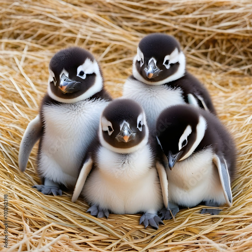 Baby penguins sitting together in Hay-Like