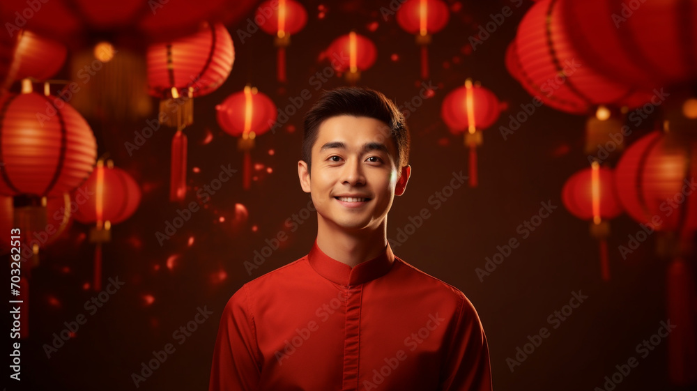 Young Asian man wearing red on red Chinese New Year lantern background