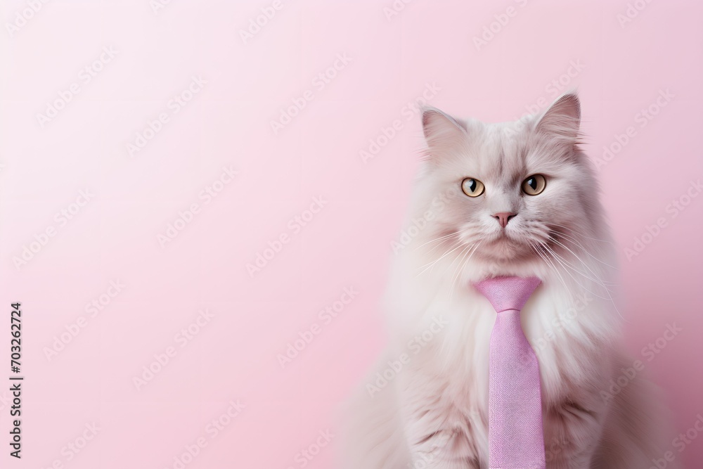 White fluffy cat wearing pink tie on the soft pink solid background. Card, poster or banner with copy space White fluffy cat wearing pink tie on the soft pink solid background. Card, poster or banner with copy space