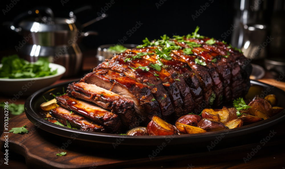 Succulent Barbecued Ribs Glazed with a Tangy Sauce on a Platter, Garnished with Fresh Herbs Ready for Dining