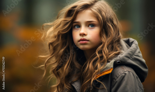 Autumn Dreaming: Young Girl with Flowing Hair and Warm Jacket Contemplates in Misty Forest Setting