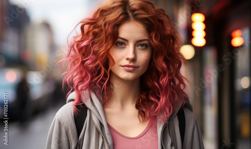 Young Woman with Vibrant Pink Curly Hair in a Hoodie Standing in a Busy City Street