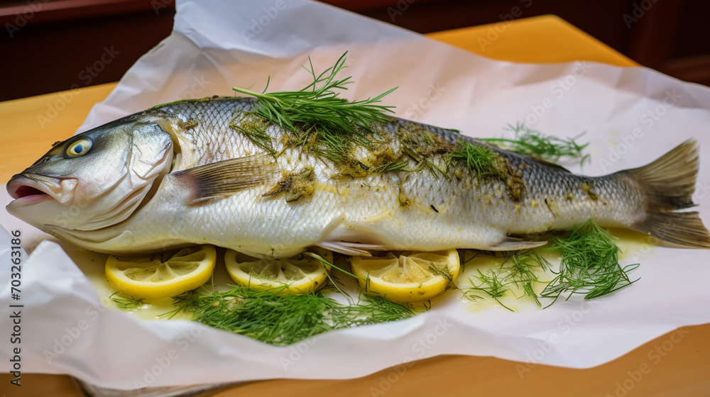 Roasted fish with lemon on plate.Delicious baked fish.Copy space Roasted fish with lemon on plate.Delicious baked fish.Copy space