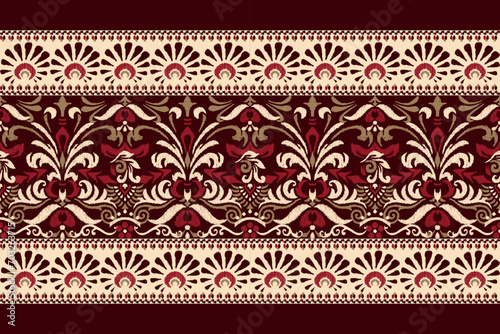 Ikat floral paisley embroidery on brown background.Ikat ethnic oriental pattern traditional.Aztec style abstract vector illustration.design for texture,fabric,clothing,wrapping,decoration,scarf,carpet photo