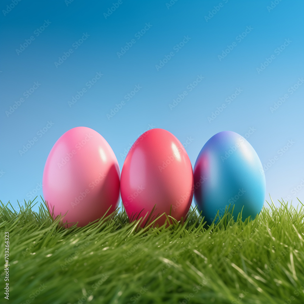 three Easter eggs of different colors lie on the green grass