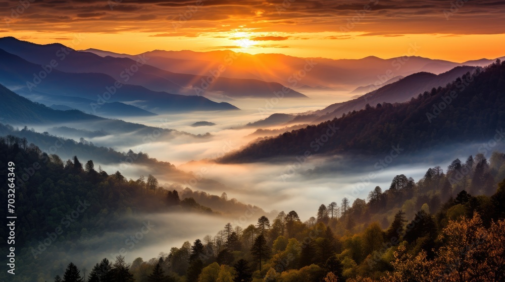 Mountain landscape with forested hills with fog in the valley at sunrise. Breathtaking natural scenery