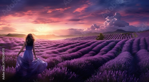 A woman in a dress in a field of lavender