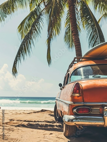 An old car parked on a tropical beach with a canoe on the roof.