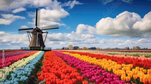 Traditional dutch windmill and colorful stripes of tulips field, Holland.