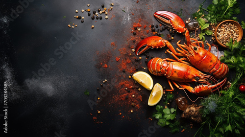 Foto Boiled lobster with vegetables on a black stone plate