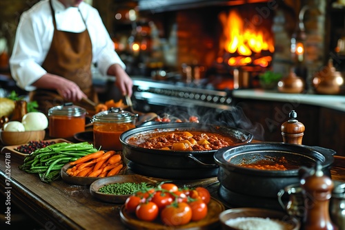 Skilled man joyfully cooking in cozy kitchen with fresh vegetables and aromatic spices