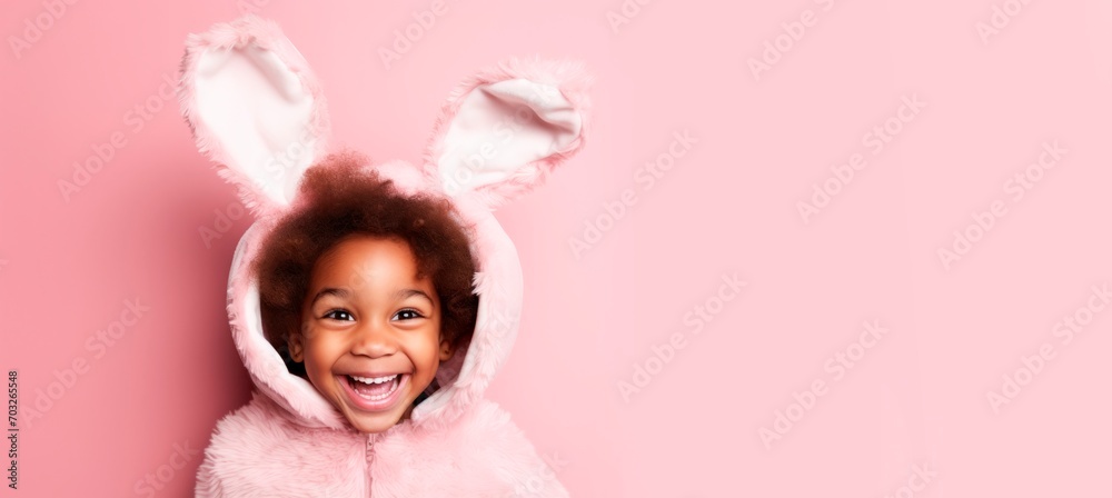 Cheerful child in a funny suit with bunny ears isolated on pink background, laughing boy in an Easter suit looking at camera, horizontal banner, copy space for text Cheerful child in a funny suit with bunny ears isolated on pink background, laughing boy in an Easter suit looking at camera, horizontal banner, copy space for text