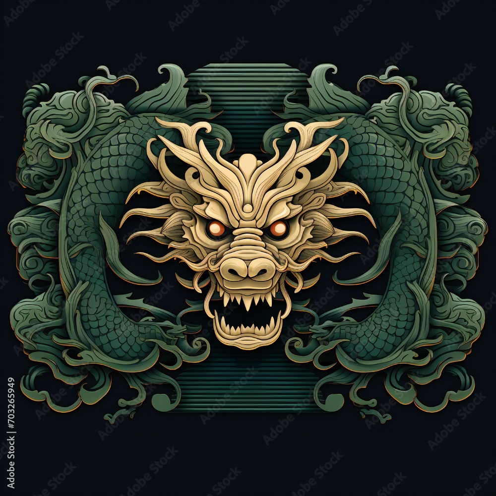 Fototapeta premium Green Wooden Dragon year border flat style on black background Generative AI 