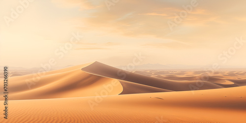 A serene desert landscape with endless sand dunes  touched by the golden rays of the setting sun   Sand dunes in the desert 