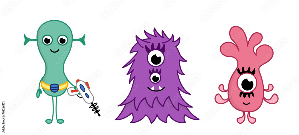 Obraz premium Extraterrestrial and space monsters. Pink, green, purple aliens. Cartoon, vector