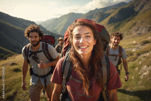 A group of young beautiful people hiking together in the mountains in nature. A beautiful girl in the foreground. Backpacks and hats. Doing sports for a healthy lifestyle.