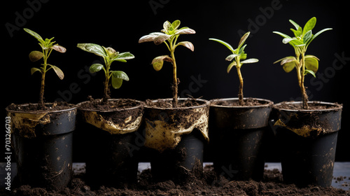 Potted flower seedlings growing in biodegradable peat moss pots on wooden background. Zero waste, recycling, plastic free gardening concept photo
