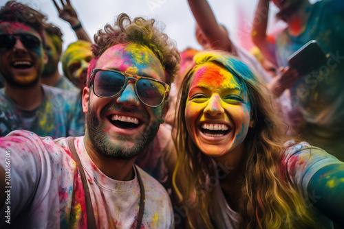 Cheerful people at the festival of colors Holi, generative AI © Diana Zelenko