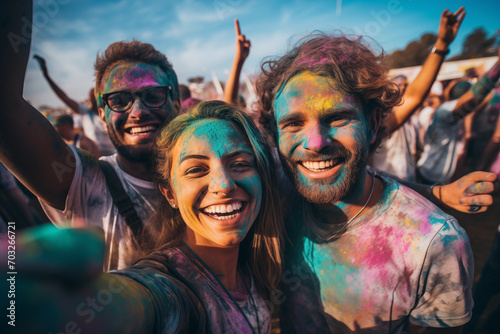 Cheerful people at the festival of colors Holi, generative AI