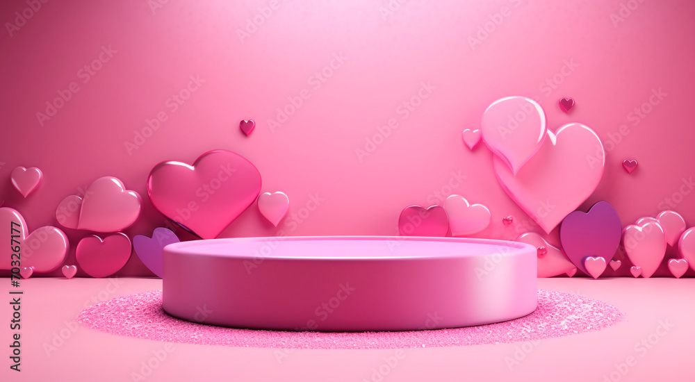 Pink podium stage with hearts on pink background. Valentine's day concept banner. For greeting card