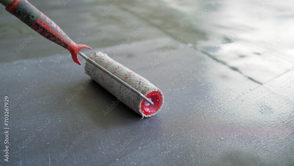 Primer of the floor with a roller, close-up. Priming a concrete floor ...