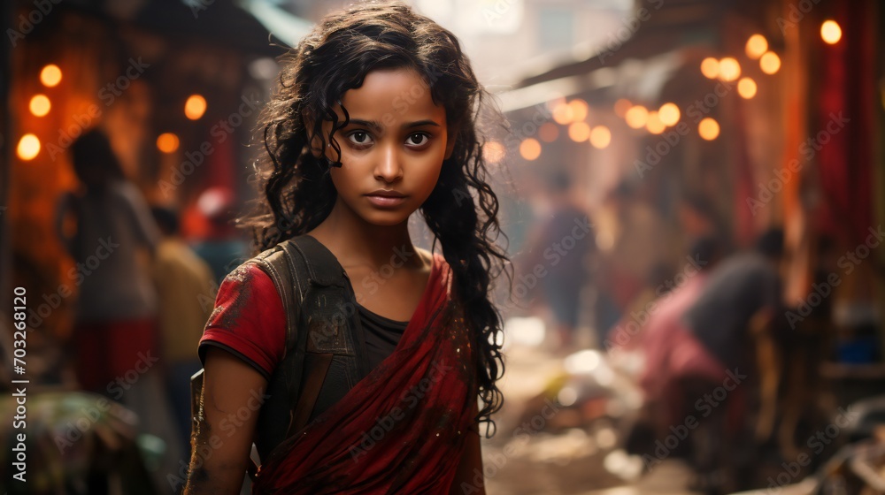 front view of a Indian girl, in the area of slum front view of a Indian girl, in the area of slum