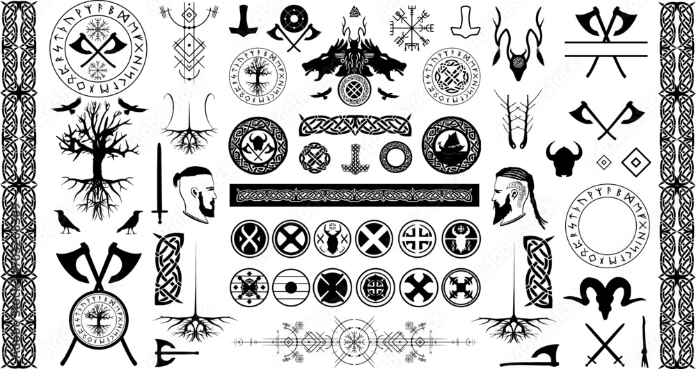 Großes Vektor Set - Wikinger Symbole, Runen, Ornamente und Grafiken - Nordische Mythologie - obrazy, fototapety, plakaty 